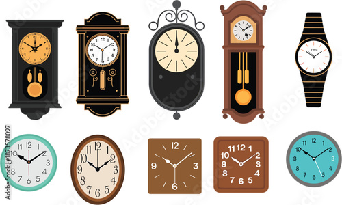Collection of vintage wall clocks and modern wrist watches featuring classic pendulum clocks and round analog timepieces for home decor and time management