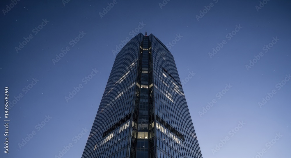 Obraz premium Modern glass skyscraper soars toward a deep blue twilight sky with visible stars