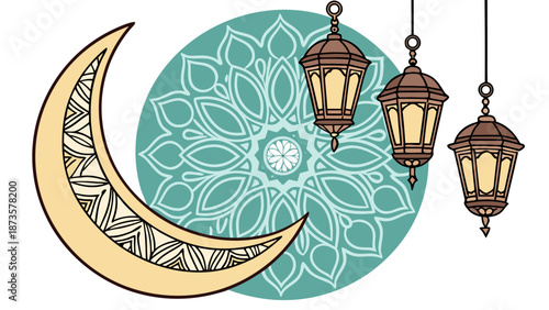 Ramadan Kareem Islamic Moon Lanterns Festival Decoration with vector illustration