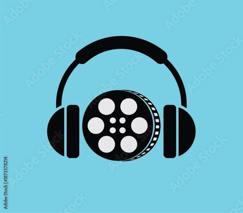 Creative Multimedia Concept Illustration Featuring a Film Reel Combined with Professional Audio Headphones for Cinema and Sound Design