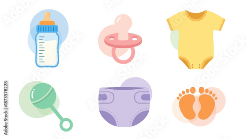 Baby essentials bottle pacifier onesie rattle diaper and footprints illustrations