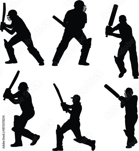 Cricket batsman player silhouette collection featuring various batting poses and stances for sports graphics and tournament poster design vector
