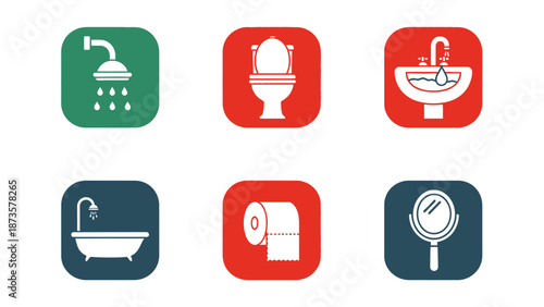 Bathroom icons set shower toilet sink bathtub paper and mirror