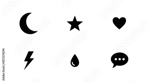 Black and white vector icons set of moon star heart lightning drop speech bubble