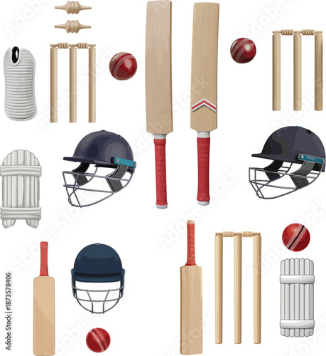 Cricket sports equipment set featuring realistic wooden bats helmets red balls and wickets for tournament game design vector illustration