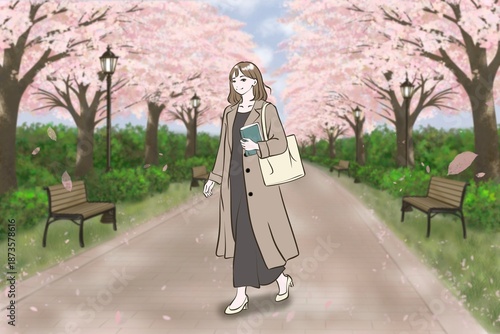 桜の散歩道を本を持って歩く女性