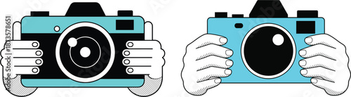 Flat vector illustration of hands holding a digital mirrorless camera for photography, travel blogging, and media