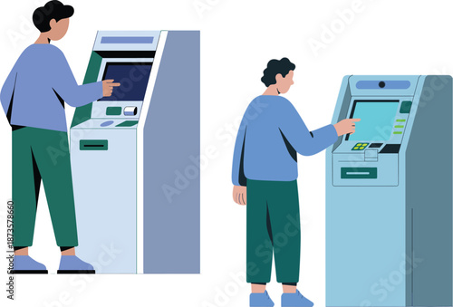 Flat vector illustration of male character using automated teller machine ATM for cash withdrawal banking transactions and financial services at bank terminal