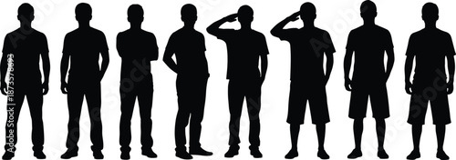 Silhouette of a diverse group of men standing together in a row with two people saluting, representing leadership, team respect, and unity.