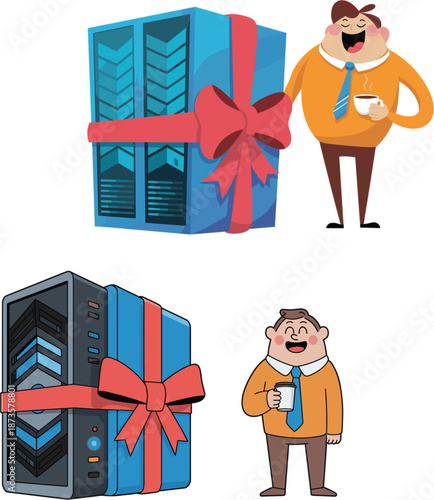 Happy IT professional with coffee standing next to server racks wrapped in red gift ribbon for technology promotion