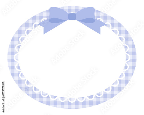 リボンがついたかわいいハートのレースフレームのベクターイラスト。飾り、ギンガムチェック、ブルー