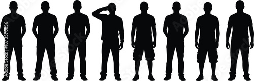 Silhouette of a group of diverse men standing in a row with one person saluting, team leadership, unity, and respect concept.