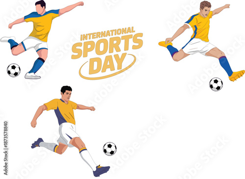 International Sports Day vector illustration set with professional soccer players kicking ball in yellow and blue uniforms