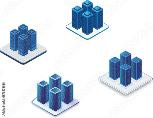 Isometric blue data center server racks for cloud computing, network hosting, and digital database infrastructure vector design