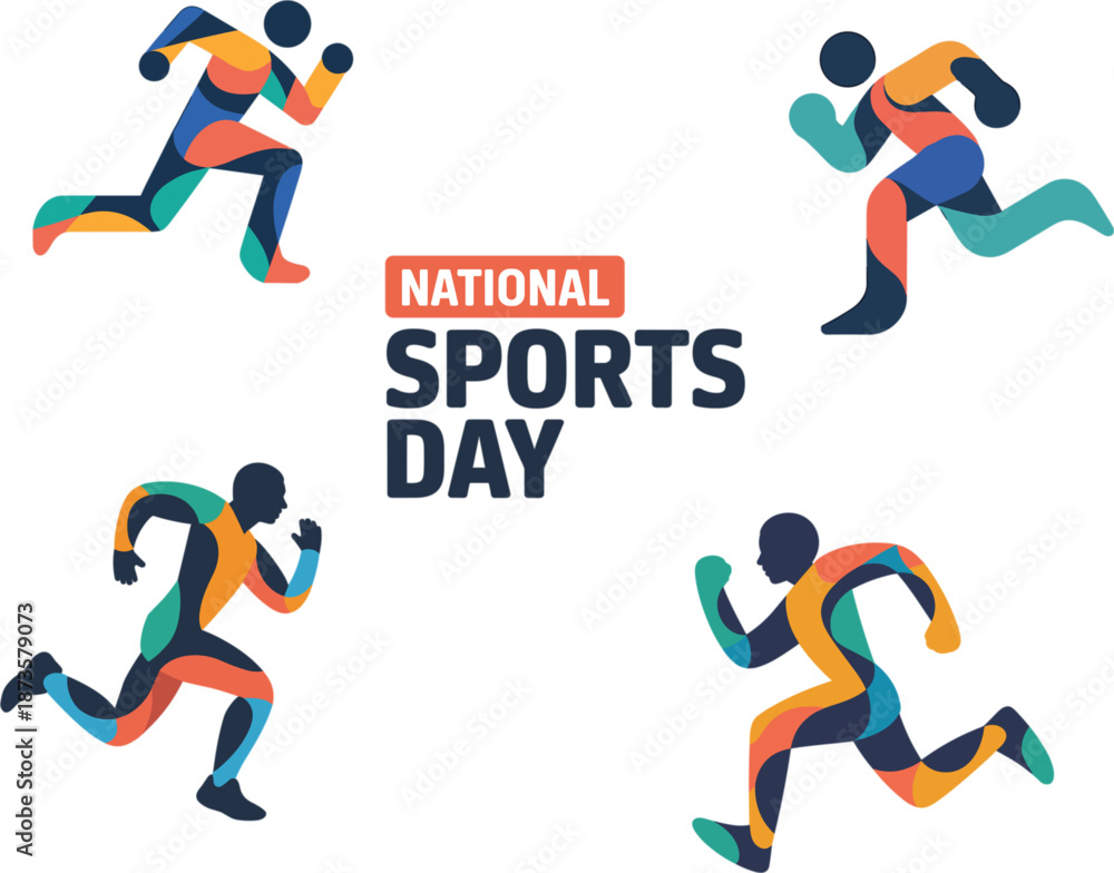 Fototapeta premium National Sports Day vector illustration set with abstract colorful running athlete silhouettes for fitness and athletic competition events
