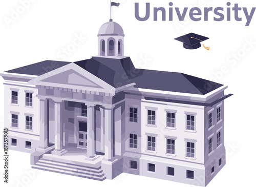 Modern Isometric University Building Vector Illustration with Graduation Cap Icon for Academic Education, Campus Learning, and School Degree Concepts