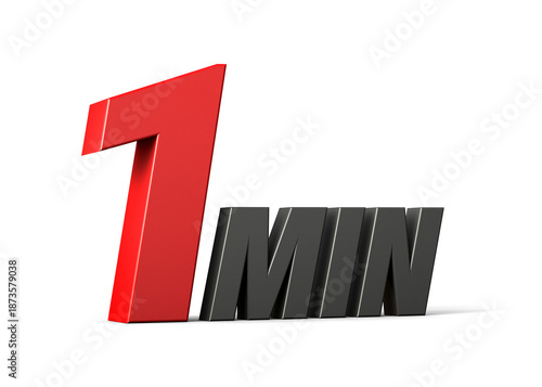 1 Min 3d text logo with a bold red number and sleek black letters, representing speed, urgency, and quick time concept on a white background. 3d illustration.