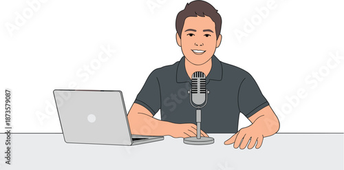 Young male podcaster or radio host with microphone and laptop for streaming, broadcasting, and digital media content creation