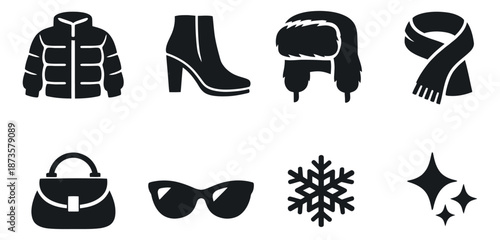 Modern icon winter elements set featuring clothing, fashion accessories, and seasonal symbols for cold weather