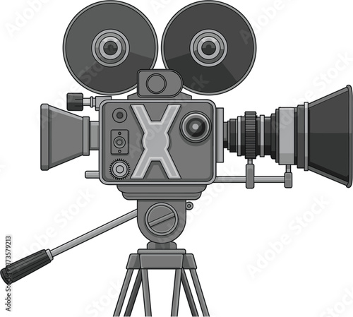 Professional cinema movie camera icon vector illustration with film reels on a tripod isolated on white background