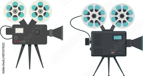 Professional cinema movie film projector vector set with classic recording equipment on tripods isolated on a white background