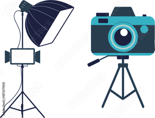 Professional Digital Camera on Tripod with Studio Umbrella Lighting Equipment for Photography Studio and Creative Media Production
