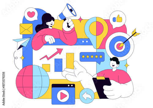 Public Relations Positive Vector Illustration Featuring Successful Brand Advertising, Reputation Management, And Digital Marketing Feedback Background