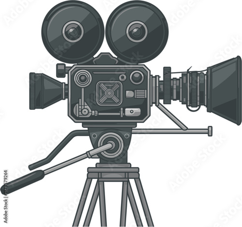 Professional digital movie camera vector illustration with large film reels and lens on a tripod for cinema production