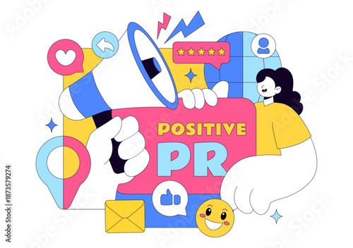 Public Relations Positive Vector Illustration Featuring Successful Brand Advertising, Reputation Management, And Digital Marketing Feedback Background
