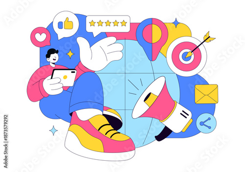 Public Relations Positive Vector Illustration Featuring Successful Brand Advertising, Reputation Management, And Digital Marketing Feedback Background