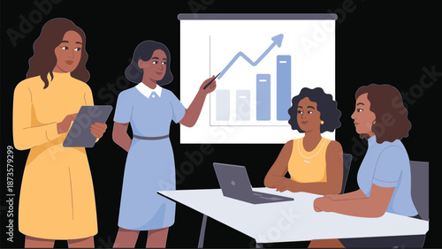 Professional diverse businesswoman team analyzing financial growth charts on whiteboard during corporate office meeting presentation for successful business strategy