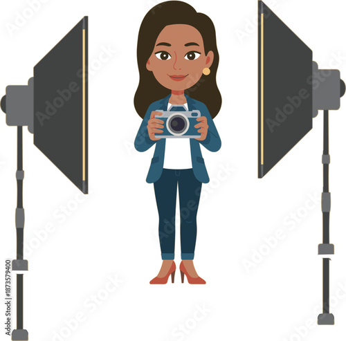 Professional female photographer character holding camera standing in photo studio with softbox lighting equipment for professional photoshoot and creative photography