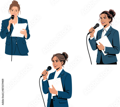Professional female news reporter character set in blue suit holding microphone and documents for broadcasting and journalism