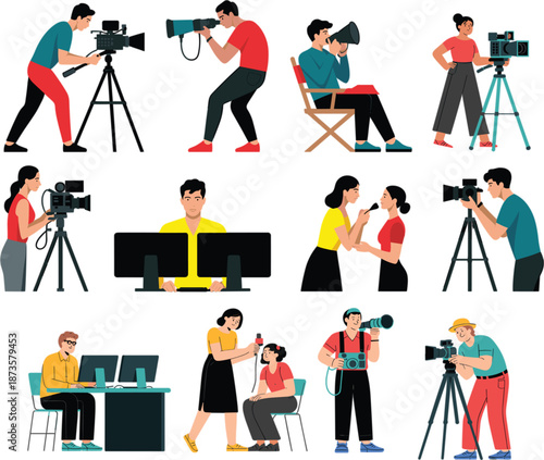 Professional Film Production Crew Characters Set with Camera Operators Directors Sound Engineers and Digital Video Editors for Media Industry