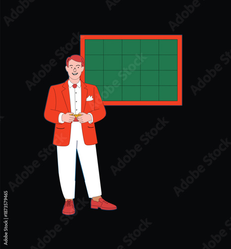 Professional game show host or teacher character in red blazer standing before blank green chalkboard for educational presentation design