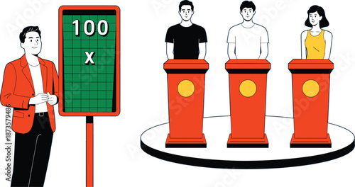 Professional game show vector illustration with host, contestants at red podiums, and scoreboard for competition or trivia concepts