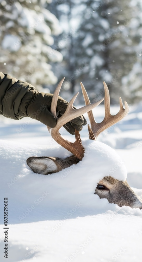 Obraz premium Male hunter in glove holding antlers of deer head covered in snow, showing winter hunting season and wild animal concept
