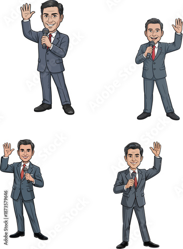 Professional male news reporter character set in grey suit holding microphone and waving for television broadcasting design