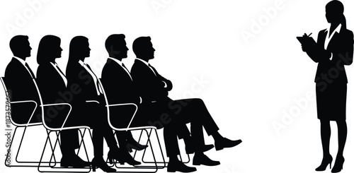 Silhouette of businesswoman giving presentation to professional audience, business people sitting in chairs listening to female speaker at corporate seminar