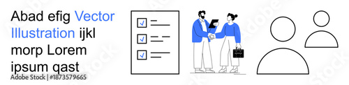 Business collaboration, teamwork, professional partnerships, task organization, productivity tools, project planning. Checklist, two people shaking hands and user icons . Business collaboration