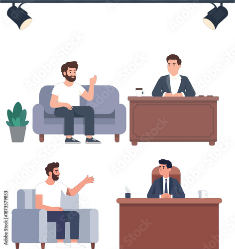 Professional television talk show interview vector set featuring male host and guest in studio with desk and sofa