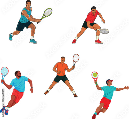 Professional tennis player action vector set with athletes hitting ball with rackets in colorful sports summer uniforms