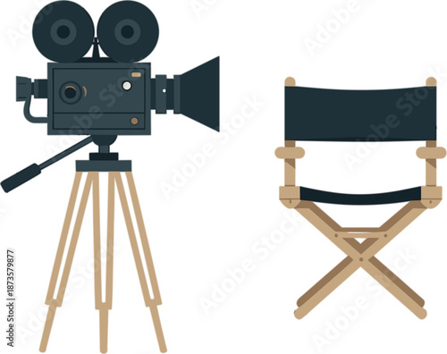 Professional vintage cinema camera on tripod and director chair vector illustration isolated on a plain white background