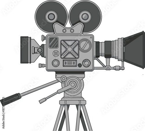 Professional vintage cinema camera vector illustration with detailed film reels and lens on a tripod for movie production