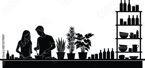 Silhouette of Couple Cooking in Modern Kitchen with Houseplants, Shelving Unit with Bottles and Dishes, Home Lifestyle and Culinary Activity