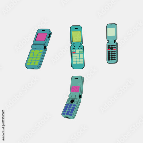 Set of colorful vintage flip phone icons or retro mobile cellphones from the early 2000s era for nostalgic communication and technology design