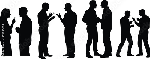 Silhouette of diverse business people groups in professional discussion, communicating, collaborating, networking, corporate teamwork, social interaction, and active workplace verbal communication
