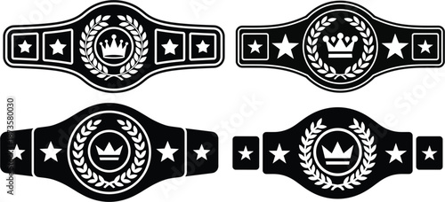 Set of black and white championship belt icons with crowns, stars, and laurel wreaths for sports victory awards