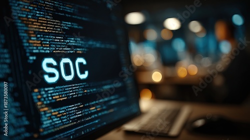 Modern Dark SOC Code on Screen with Defocused Background Image