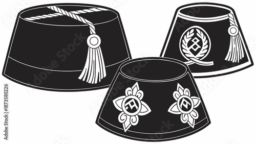 Traditional Ceremonial Hats with Emblems, Tassels, and Regalia with vector illustration